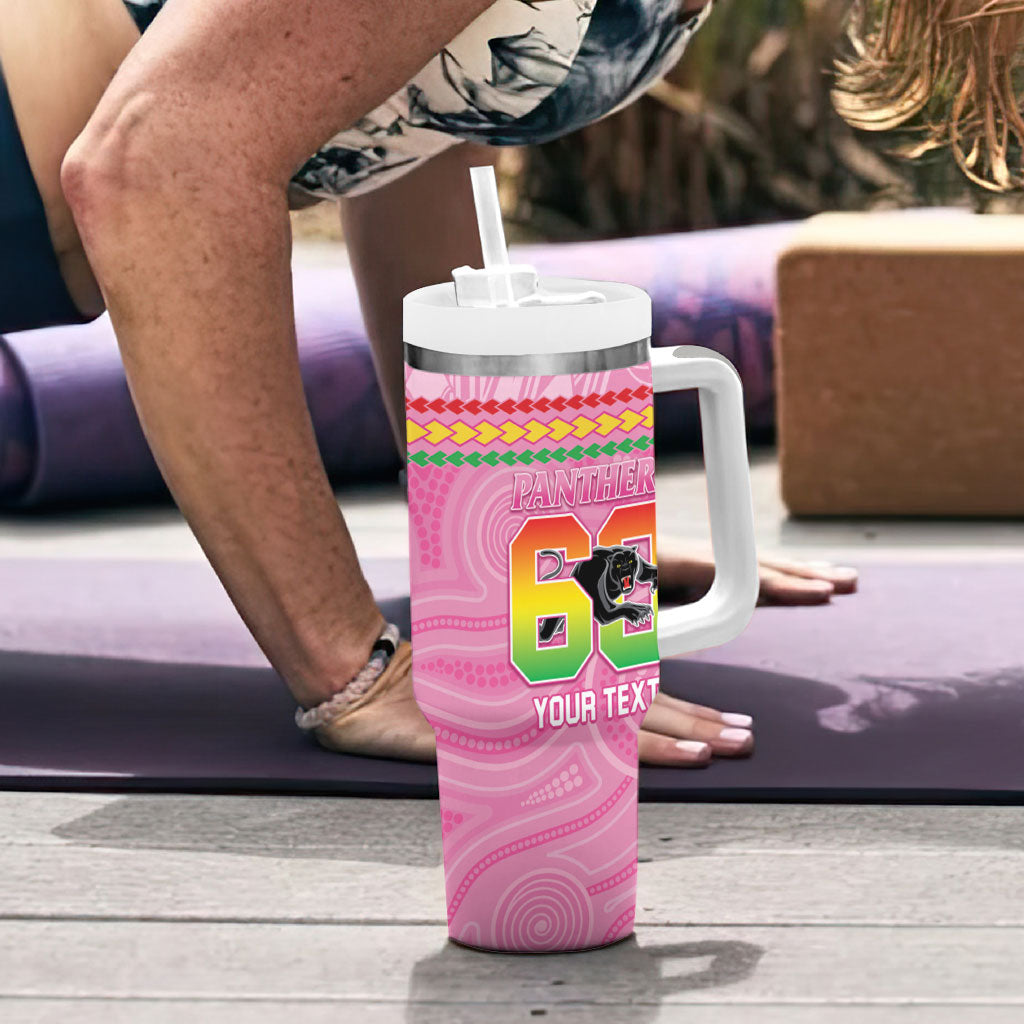Penrith Panthers Rugby Custom Tumbler With Handle 60 Years Anniversary Pink Polynesian Aboriginal Art