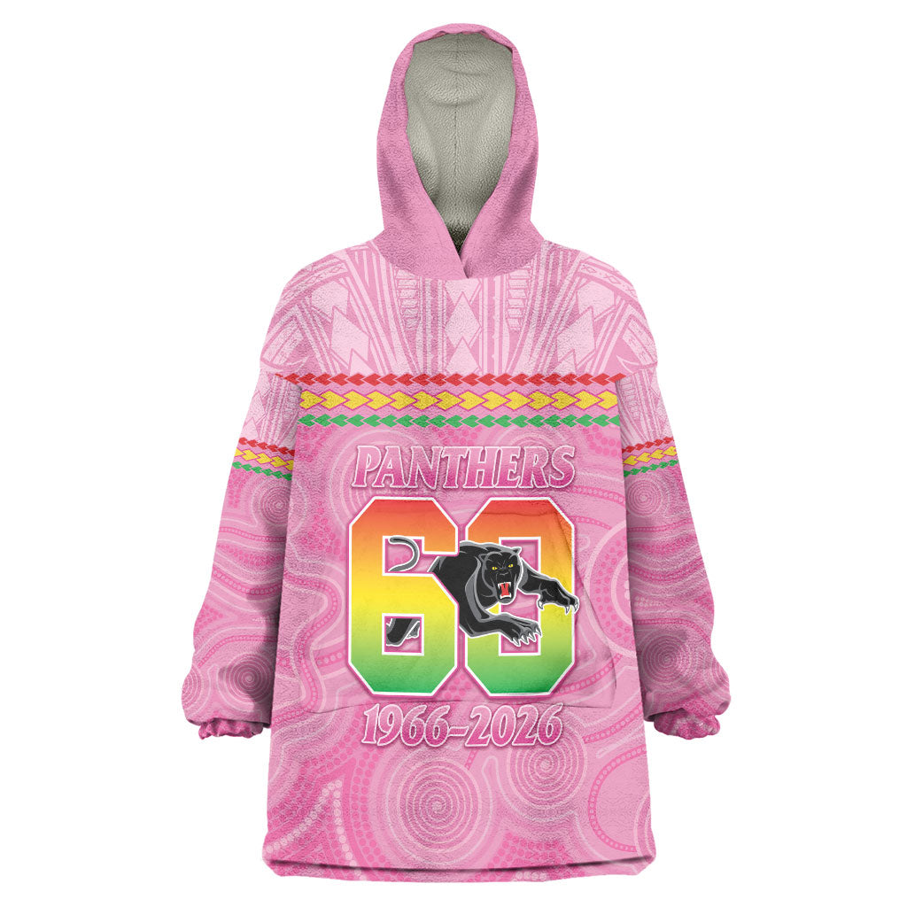 Penrith Panthers Rugby Custom Wearable Blanket Hoodie 60 Years Anniversary Pink Polynesian Aboriginal Art