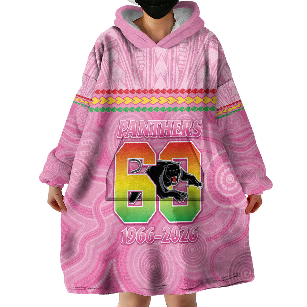 Penrith Panthers Rugby Custom Wearable Blanket Hoodie 60 Years Anniversary Pink Polynesian Aboriginal Art