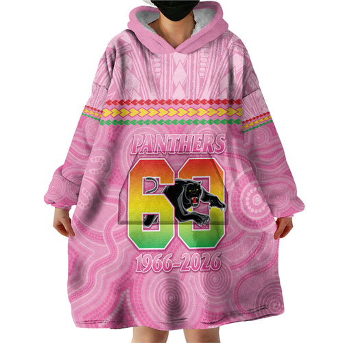 Penrith Panthers Rugby Custom Wearable Blanket Hoodie 60 Years Anniversary Pink Polynesian Aboriginal Art