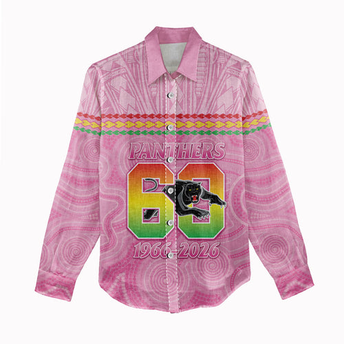 Penrith Panthers Rugby Custom Women Casual Shirt 60 Years Anniversary Pink Polynesian Aboriginal Art