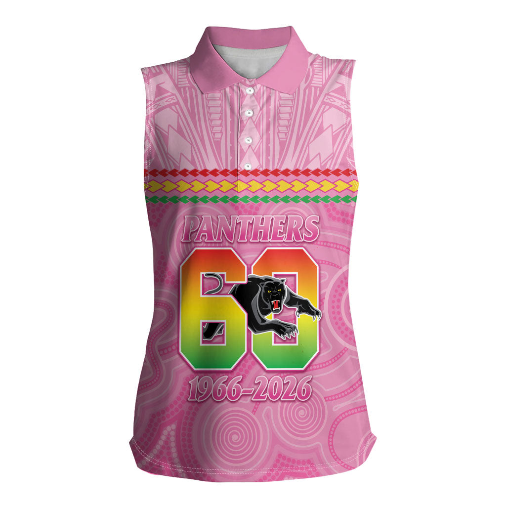 Penrith Panthers Rugby Custom Women Sleeveless Polo Shirt 60 Years Anniversary Pink Polynesian Aboriginal Art