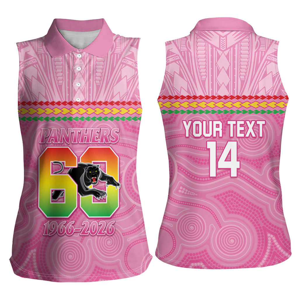 Penrith Panthers Rugby Custom Women Sleeveless Polo Shirt 60 Years Anniversary Pink Polynesian Aboriginal Art