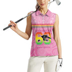 Penrith Panthers Rugby Custom Women Sleeveless Polo Shirt 60 Years Anniversary Pink Polynesian Aboriginal Art