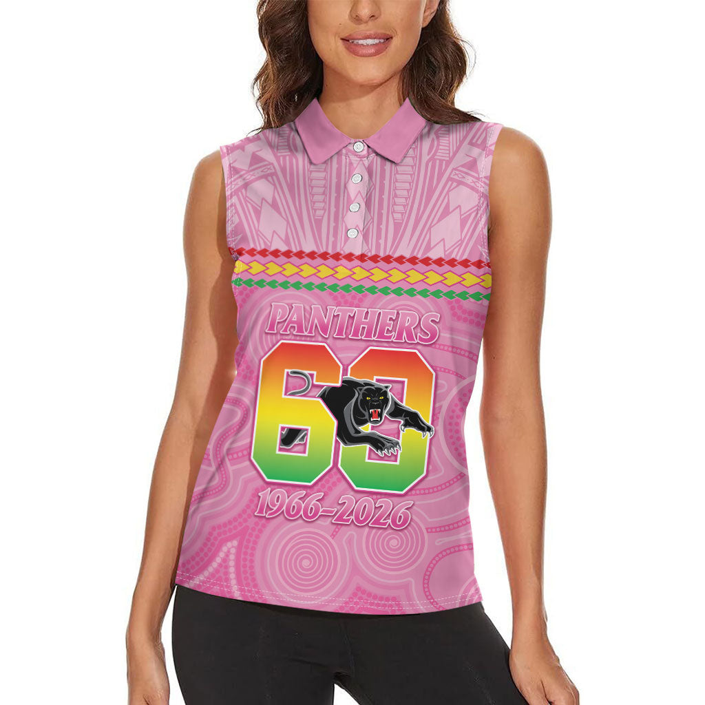 Penrith Panthers Rugby Custom Women Sleeveless Polo Shirt 60 Years Anniversary Pink Polynesian Aboriginal Art