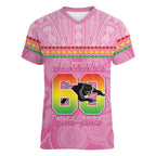 Penrith Panthers Rugby Custom Women V-Neck T-Shirt 60 Years Anniversary Pink Polynesian Aboriginal Art