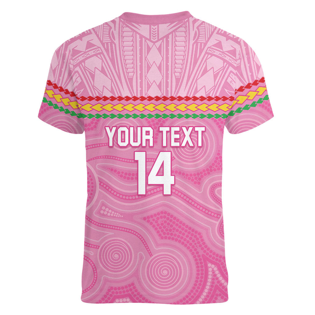 Penrith Panthers Rugby Custom Women V-Neck T-Shirt 60 Years Anniversary Pink Polynesian Aboriginal Art