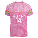 Penrith Panthers Rugby Custom Women V-Neck T-Shirt 60 Years Anniversary Pink Polynesian Aboriginal Art