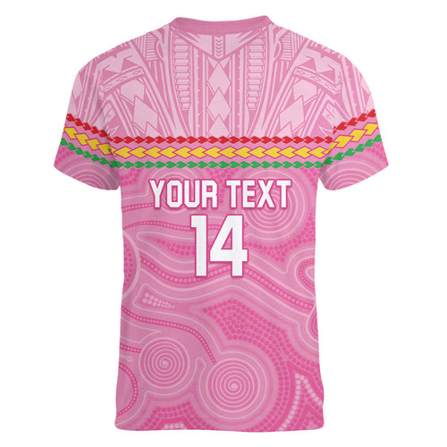 Penrith Panthers Rugby Custom Women V-Neck T-Shirt 60 Years Anniversary Pink Polynesian Aboriginal Art