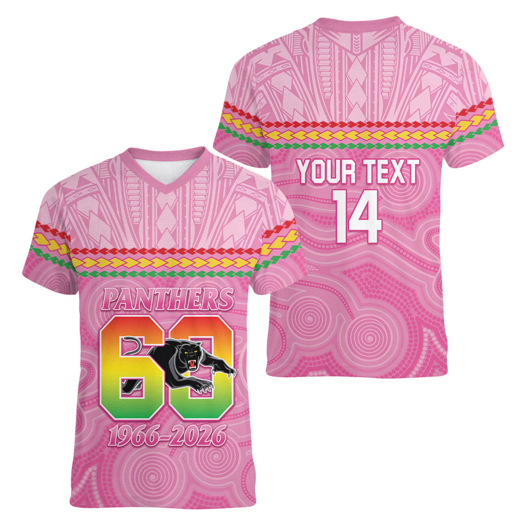 Penrith Panthers Rugby Custom Women V-Neck T-Shirt 60 Years Anniversary Pink Polynesian Aboriginal Art
