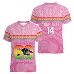 Penrith Panthers Rugby Custom Women V-Neck T-Shirt 60 Years Anniversary Pink Polynesian Aboriginal Art