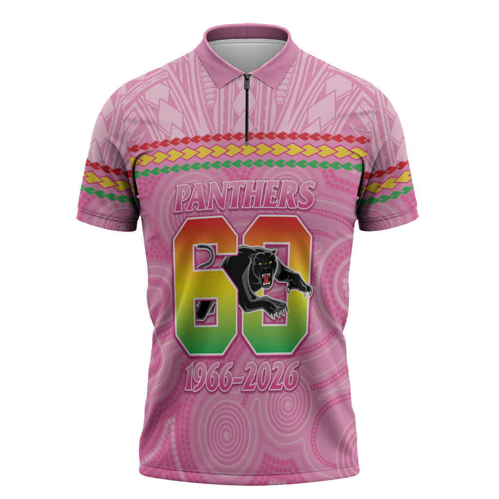 Penrith Panthers Rugby Custom Zipper Polo Shirt 60 Years Anniversary Pink Polynesian Aboriginal Art