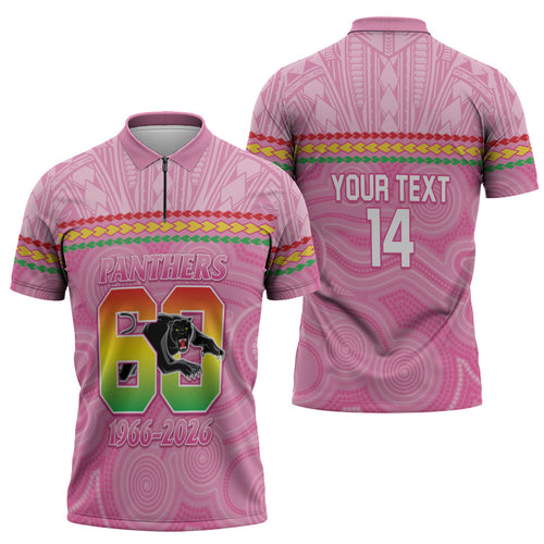 Penrith Panthers Rugby Custom Zipper Polo Shirt 60 Years Anniversary Pink Polynesian Aboriginal Art