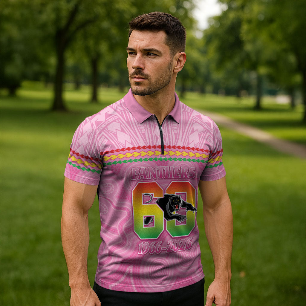 Penrith Panthers Rugby Custom Zipper Polo Shirt 60 Years Anniversary Pink Polynesian Aboriginal Art