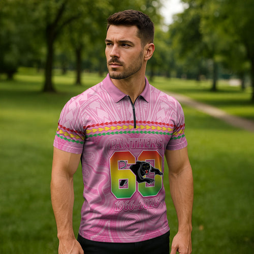Penrith Panthers Rugby Custom Zipper Polo Shirt 60 Years Anniversary Pink Polynesian Aboriginal Art