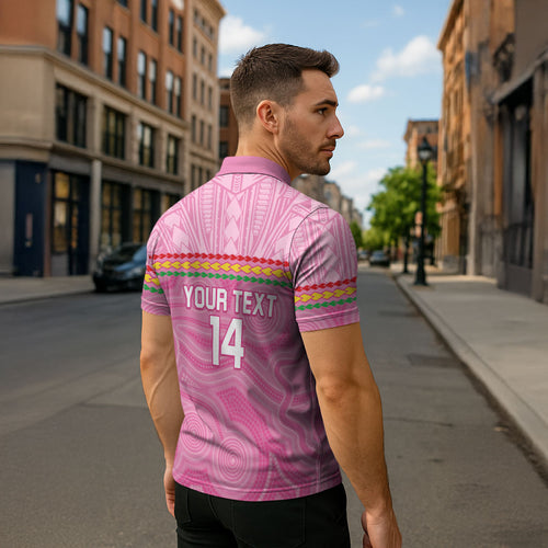 Penrith Panthers Rugby Custom Zipper Polo Shirt 60 Years Anniversary Pink Polynesian Aboriginal Art