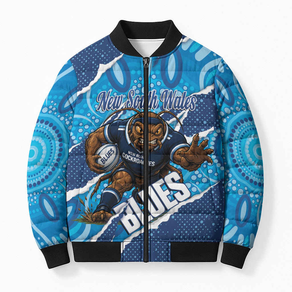 NSW Blues Rugby Custom Bomber Puffer Jacket Go Cockroaches Sporty Aboriginal Art