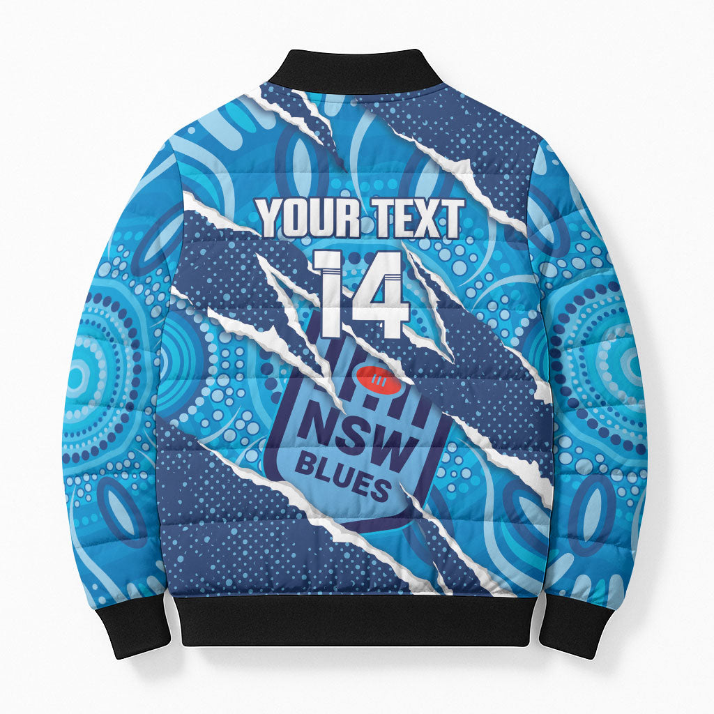 NSW Blues Rugby Custom Bomber Puffer Jacket Go Cockroaches Sporty Aboriginal Art