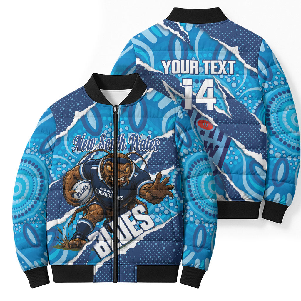 NSW Blues Rugby Custom Bomber Puffer Jacket Go Cockroaches Sporty Aboriginal Art