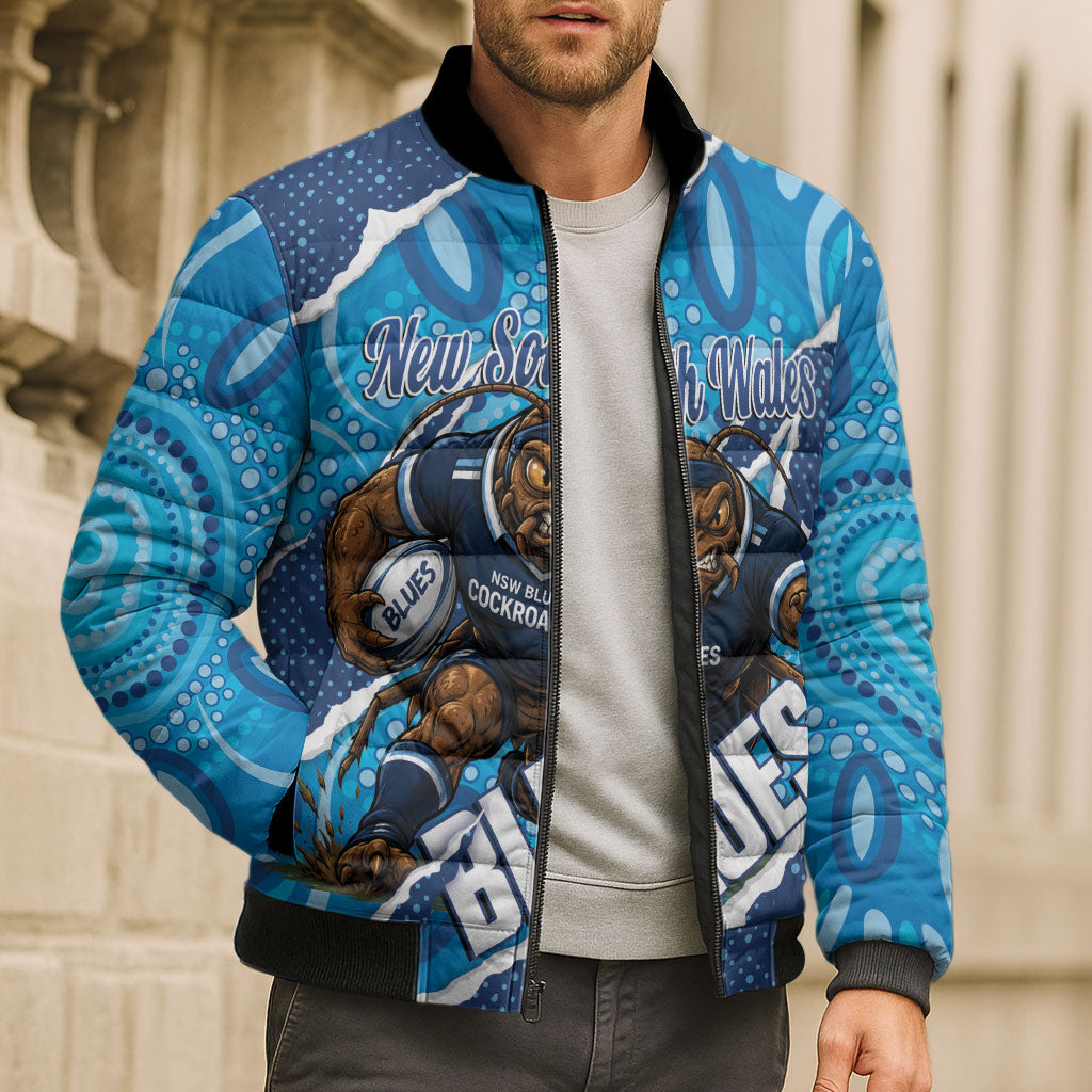 NSW Blues Rugby Custom Bomber Puffer Jacket Go Cockroaches Sporty Aboriginal Art