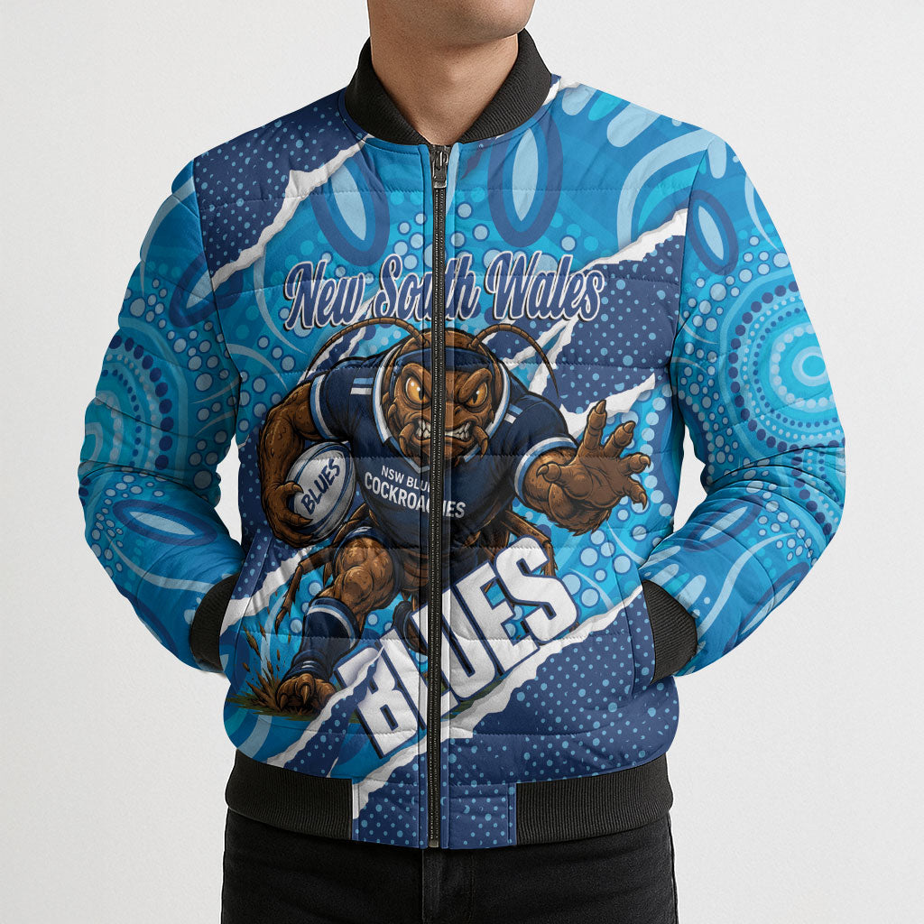NSW Blues Rugby Custom Bomber Puffer Jacket Go Cockroaches Sporty Aboriginal Art