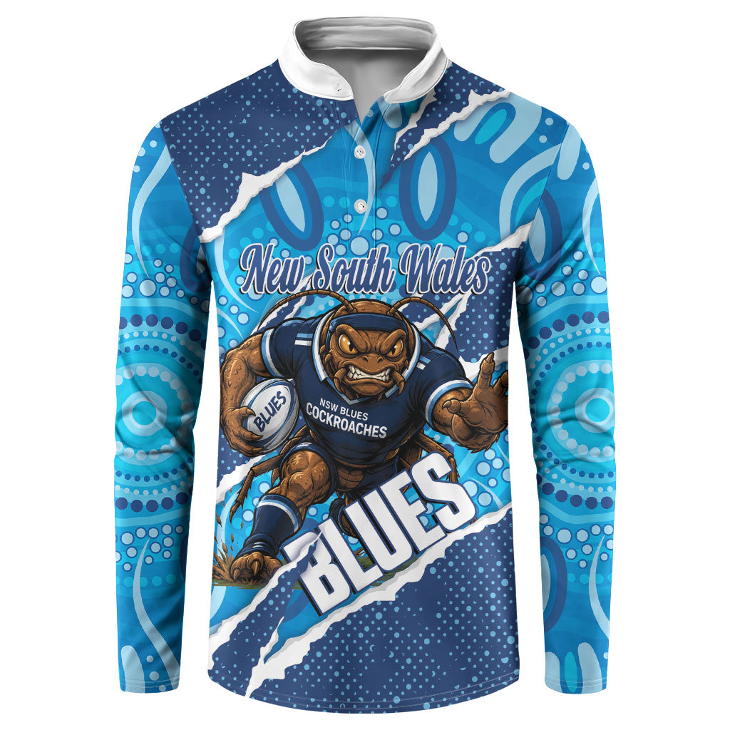 NSW Blues Rugby Custom Button Sweatshirt Go Cockroaches Sporty Aboriginal Art
