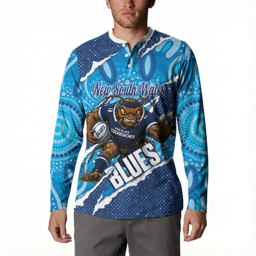 NSW Blues Rugby Custom Button Sweatshirt Go Cockroaches Sporty Aboriginal Art