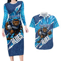 NSW Blues Rugby Custom Couples Matching Long Sleeve Bodycon Dress and Hawaiian Shirt Go Cockroaches Sporty Aboriginal Art