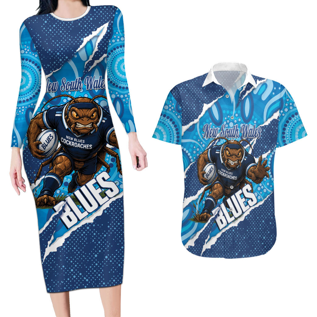 NSW Blues Rugby Custom Couples Matching Long Sleeve Bodycon Dress and Hawaiian Shirt Go Cockroaches Sporty Aboriginal Art