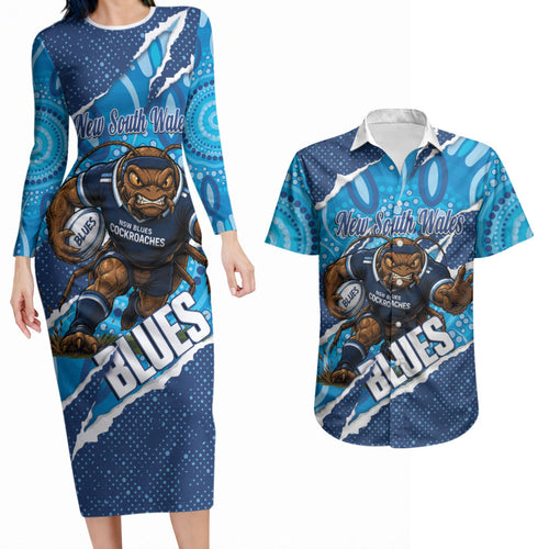 NSW Blues Rugby Custom Couples Matching Long Sleeve Bodycon Dress and Hawaiian Shirt Go Cockroaches Sporty Aboriginal Art