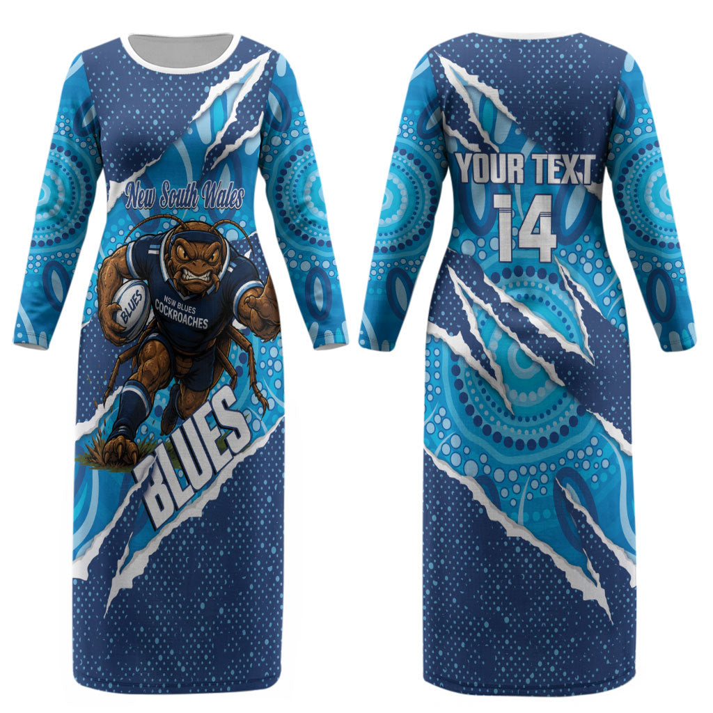 NSW Blues Rugby Custom Couples Matching Long Sleeve Bodycon Dress and Hawaiian Shirt Go Cockroaches Sporty Aboriginal Art LT14