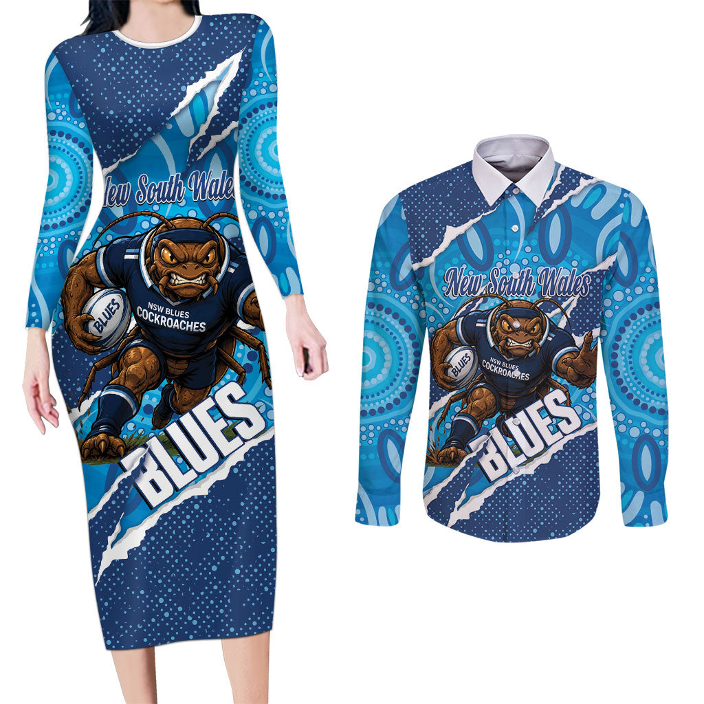 NSW Blues Rugby Custom Couples Matching Long Sleeve Bodycon Dress and Long Sleeve Button Shirt Go Cockroaches Sporty Aboriginal Art