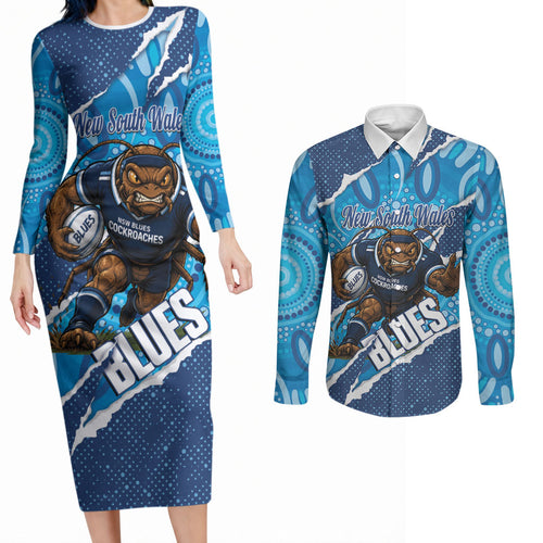 NSW Blues Rugby Custom Couples Matching Long Sleeve Bodycon Dress and Long Sleeve Button Shirt Go Cockroaches Sporty Aboriginal Art