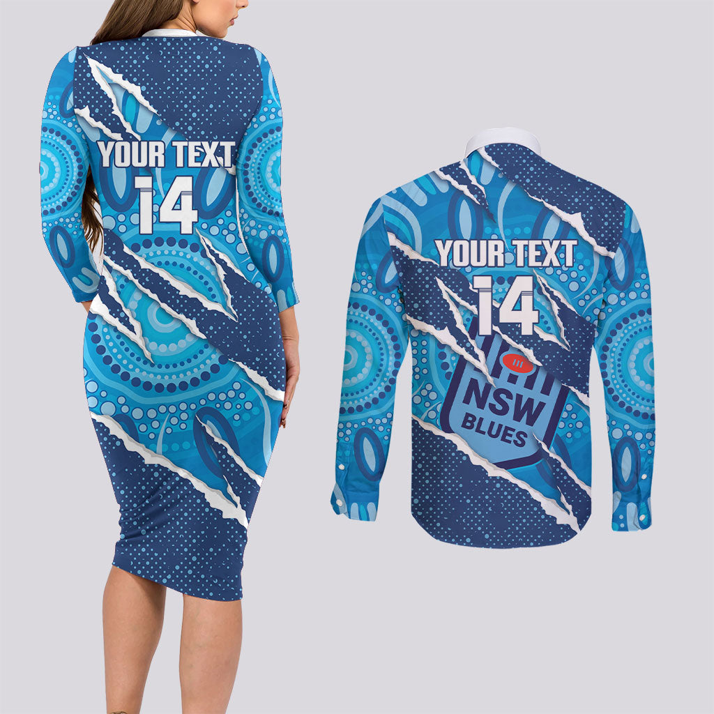 NSW Blues Rugby Custom Couples Matching Long Sleeve Bodycon Dress and Long Sleeve Button Shirt Go Cockroaches Sporty Aboriginal Art