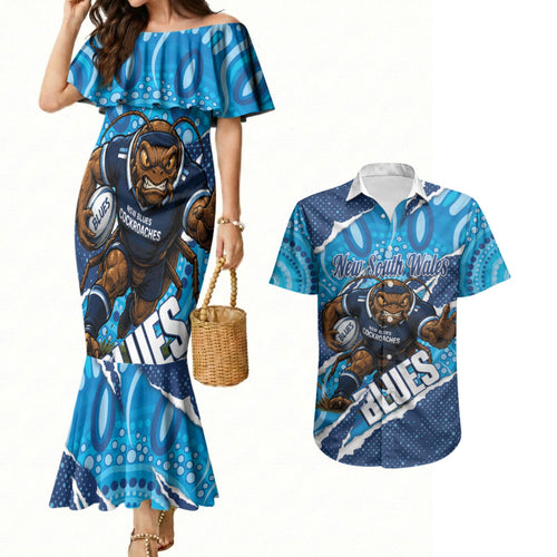 NSW Blues Rugby Custom Couples Matching Mermaid Dress and Hawaiian Shirt Go Cockroaches Sporty Aboriginal Art