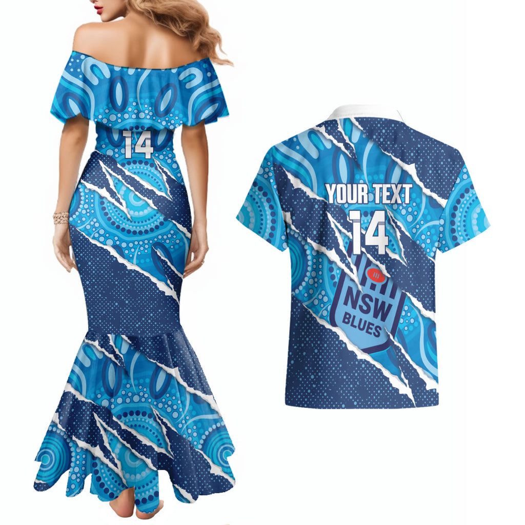 NSW Blues Rugby Custom Couples Matching Mermaid Dress and Hawaiian Shirt Go Cockroaches Sporty Aboriginal Art