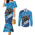 NSW Blues Rugby Custom Couples Matching Mermaid Dress and Long Sleeve Button Shirt Go Cockroaches Sporty Aboriginal Art