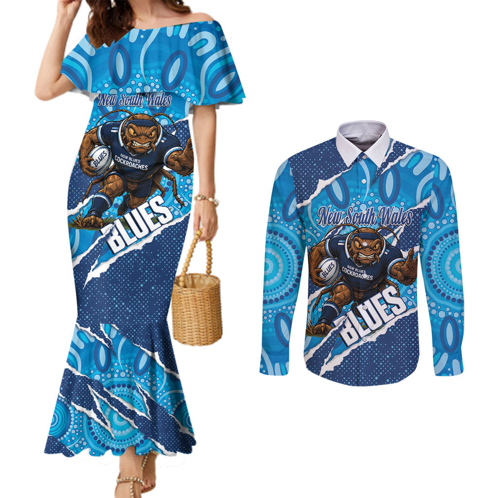 NSW Blues Rugby Custom Couples Matching Mermaid Dress and Long Sleeve Button Shirt Go Cockroaches Sporty Aboriginal Art