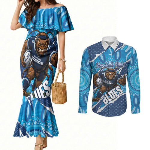 NSW Blues Rugby Custom Couples Matching Mermaid Dress and Long Sleeve Button Shirt Go Cockroaches Sporty Aboriginal Art