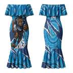 NSW Blues Rugby Custom Couples Matching Mermaid Dress and Long Sleeve Button Shirt Go Cockroaches Sporty Aboriginal Art LT14