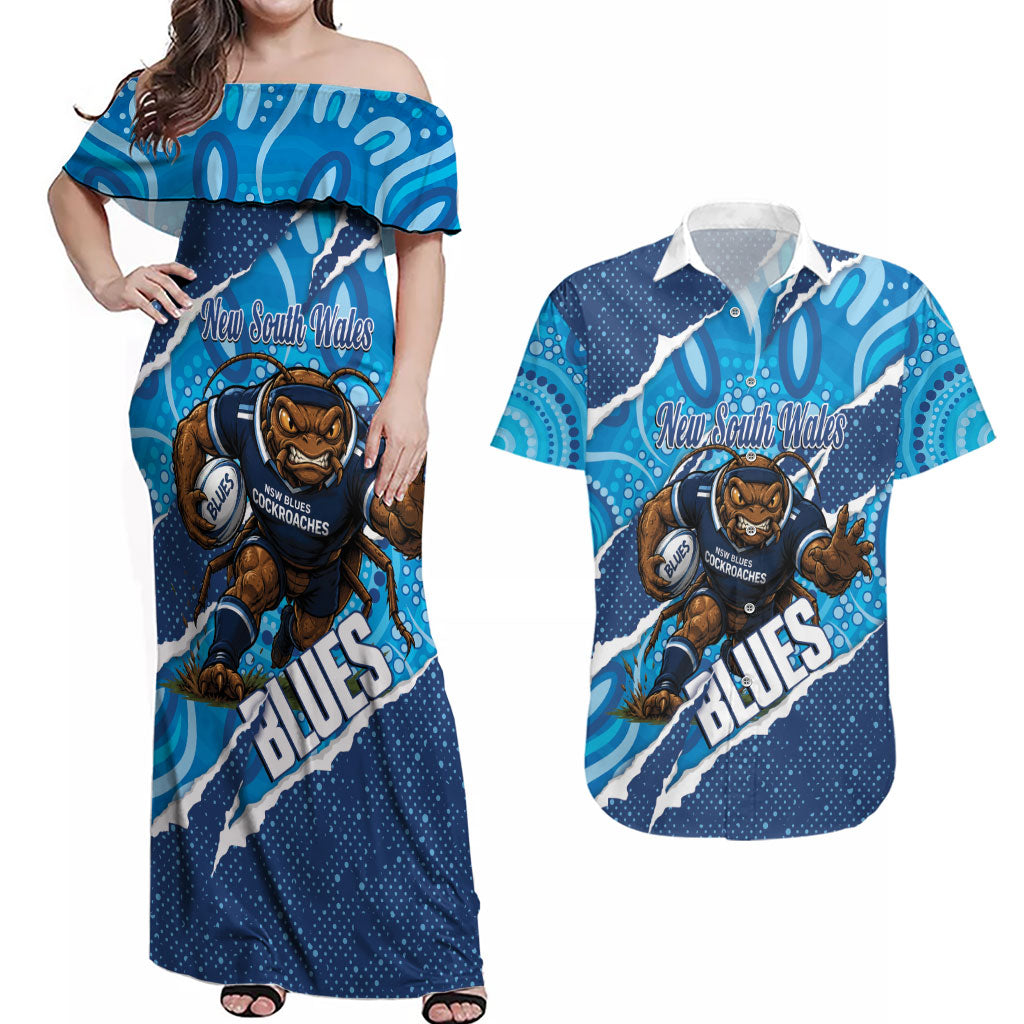 NSW Blues Rugby Custom Couples Matching Off Shoulder Maxi Dress and Hawaiian Shirt Go Cockroaches Sporty Aboriginal Art
