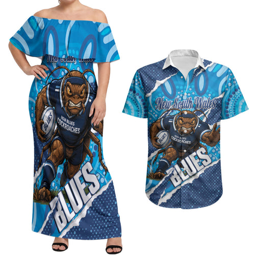 NSW Blues Rugby Custom Couples Matching Off Shoulder Maxi Dress and Hawaiian Shirt Go Cockroaches Sporty Aboriginal Art