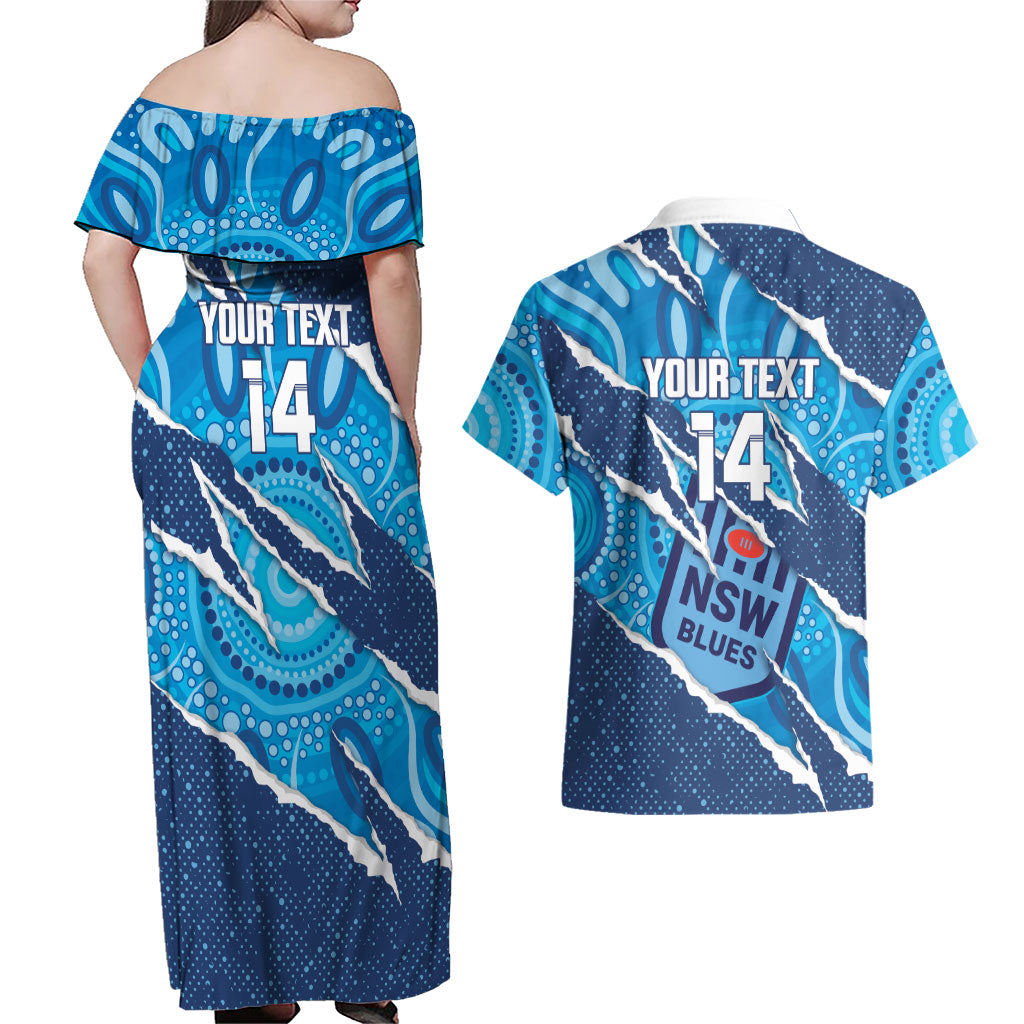 NSW Blues Rugby Custom Couples Matching Off Shoulder Maxi Dress and Hawaiian Shirt Go Cockroaches Sporty Aboriginal Art