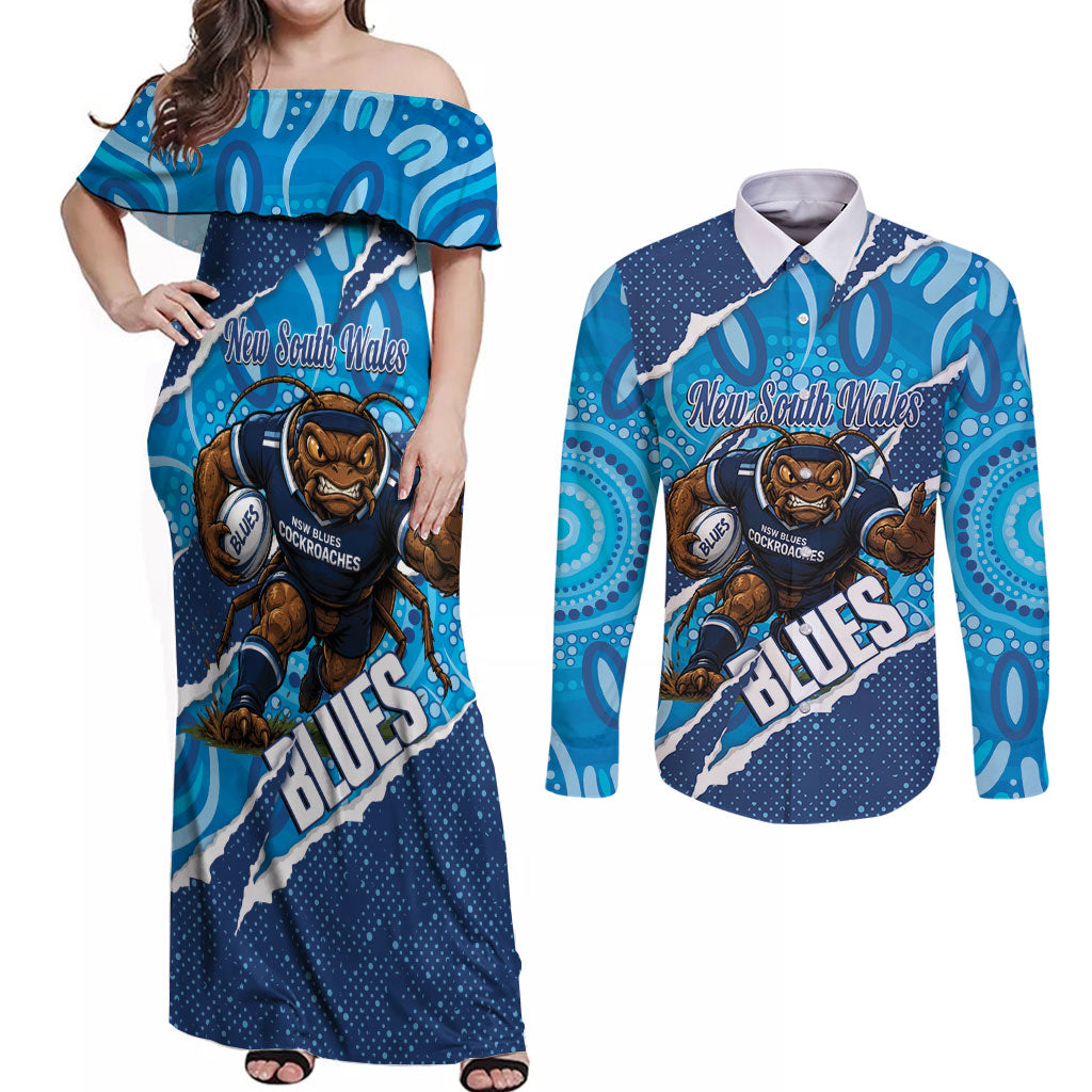 NSW Blues Rugby Custom Couples Matching Off Shoulder Maxi Dress and Long Sleeve Button Shirt Go Cockroaches Sporty Aboriginal Art