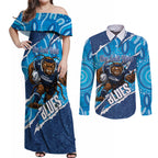 NSW Blues Rugby Custom Couples Matching Off Shoulder Maxi Dress and Long Sleeve Button Shirt Go Cockroaches Sporty Aboriginal Art