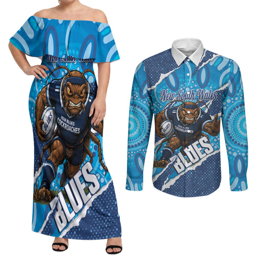 NSW Blues Rugby Custom Couples Matching Off Shoulder Maxi Dress and Long Sleeve Button Shirt Go Cockroaches Sporty Aboriginal Art