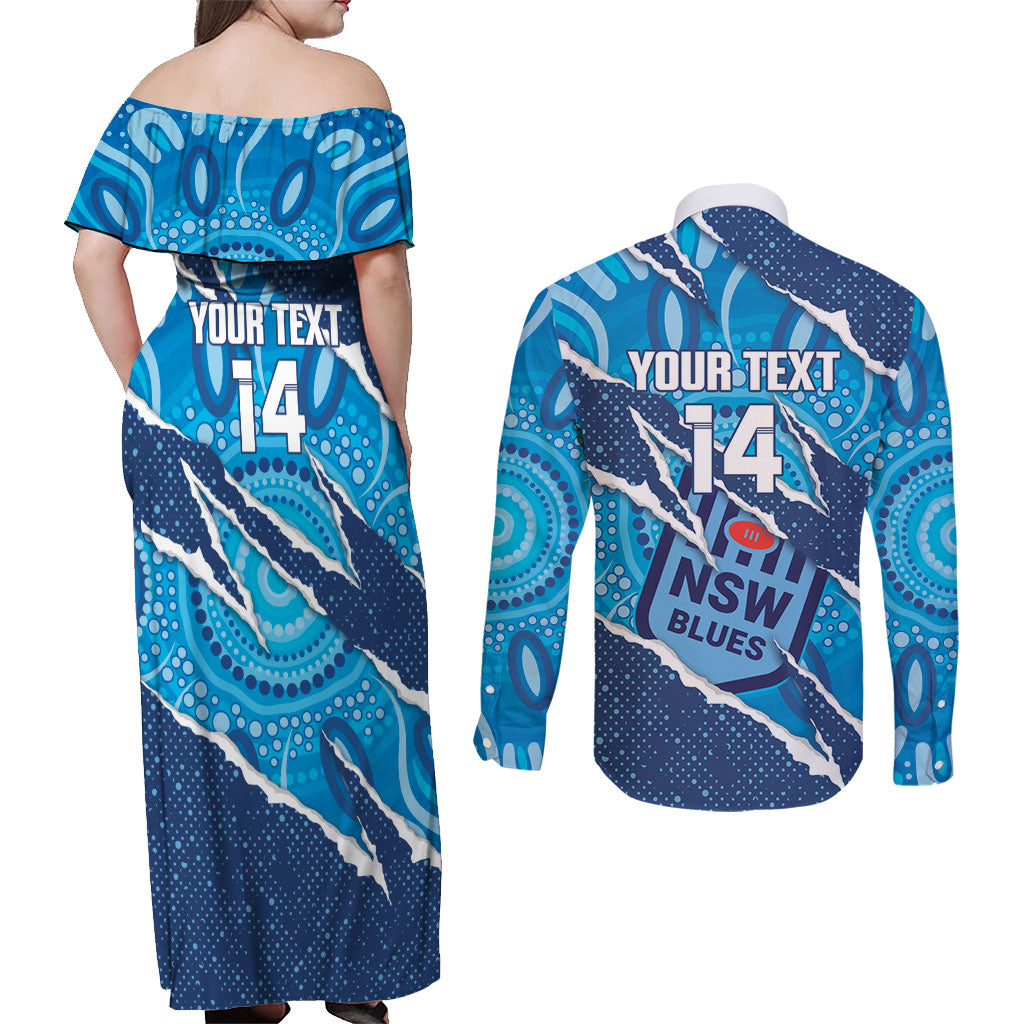 NSW Blues Rugby Custom Couples Matching Off Shoulder Maxi Dress and Long Sleeve Button Shirt Go Cockroaches Sporty Aboriginal Art