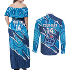 NSW Blues Rugby Custom Couples Matching Off Shoulder Maxi Dress and Long Sleeve Button Shirt Go Cockroaches Sporty Aboriginal Art