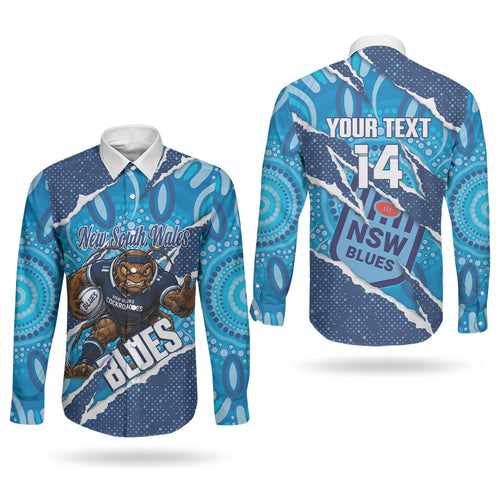NSW Blues Rugby Custom Couples Matching Off Shoulder Maxi Dress and Long Sleeve Button Shirt Go Cockroaches Sporty Aboriginal Art