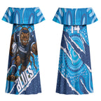 NSW Blues Rugby Custom Couples Matching Off Shoulder Maxi Dress and Long Sleeve Button Shirt Go Cockroaches Sporty Aboriginal Art LT14